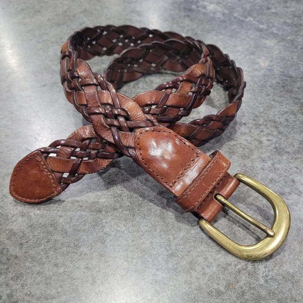 VTG Express Belt Lg Brown Leather Woven Braided Boho Cowgirl 90s Two Tone Rustic